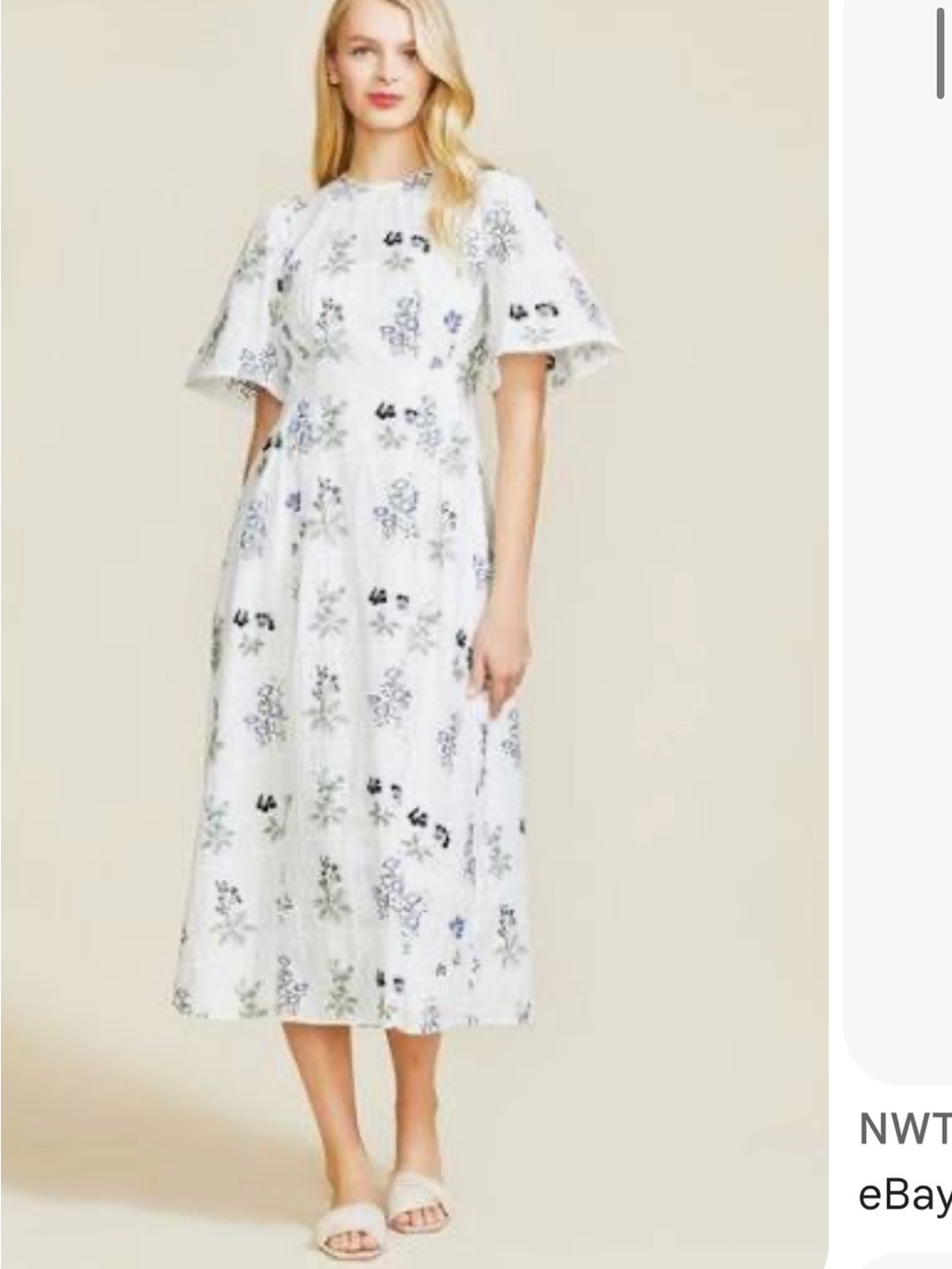 Pearl Lela rose White Floral Embroidered Midi Dress voile Short Flutter Sleeves